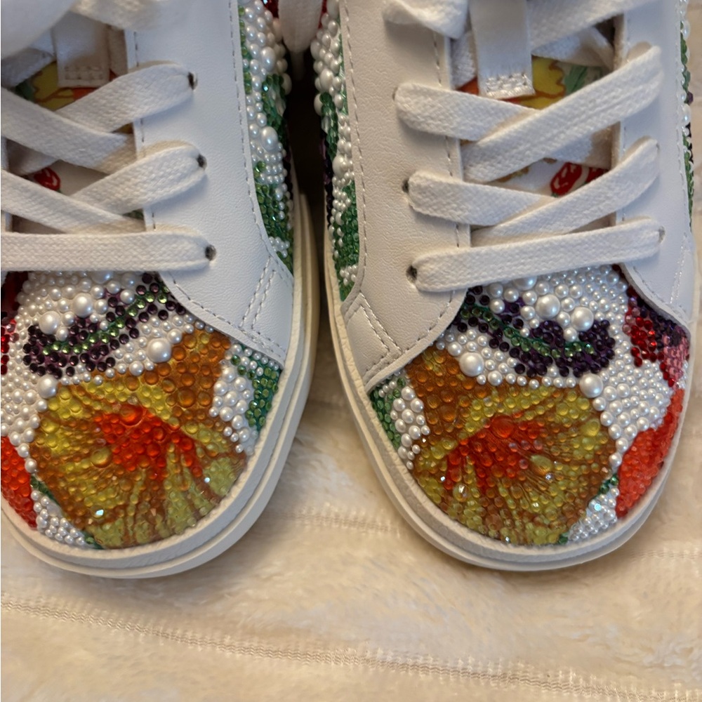 Betsey Johnson White Sneakers with Multicolor Beaded Floral Embellishments - Picture 3 of 6